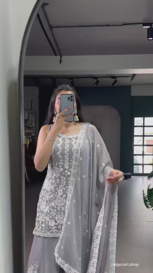 Elegant Grey Floral Embroidered Sharara Suit Set