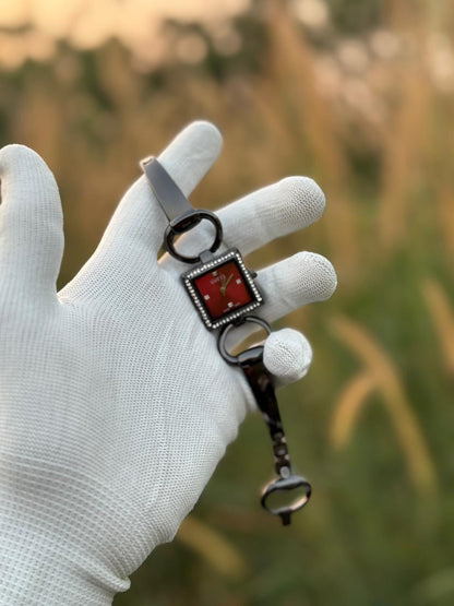 Luxury Vintage Gucci-Inspired Square Diamond Bezel Watch with Burgundy Red Dial