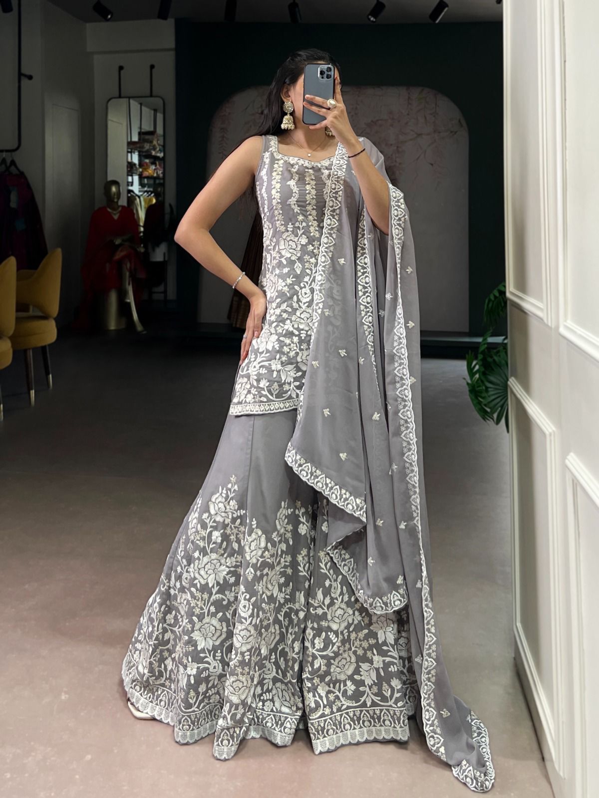 Elegant Grey Floral Embroidered Sharara Suit Set