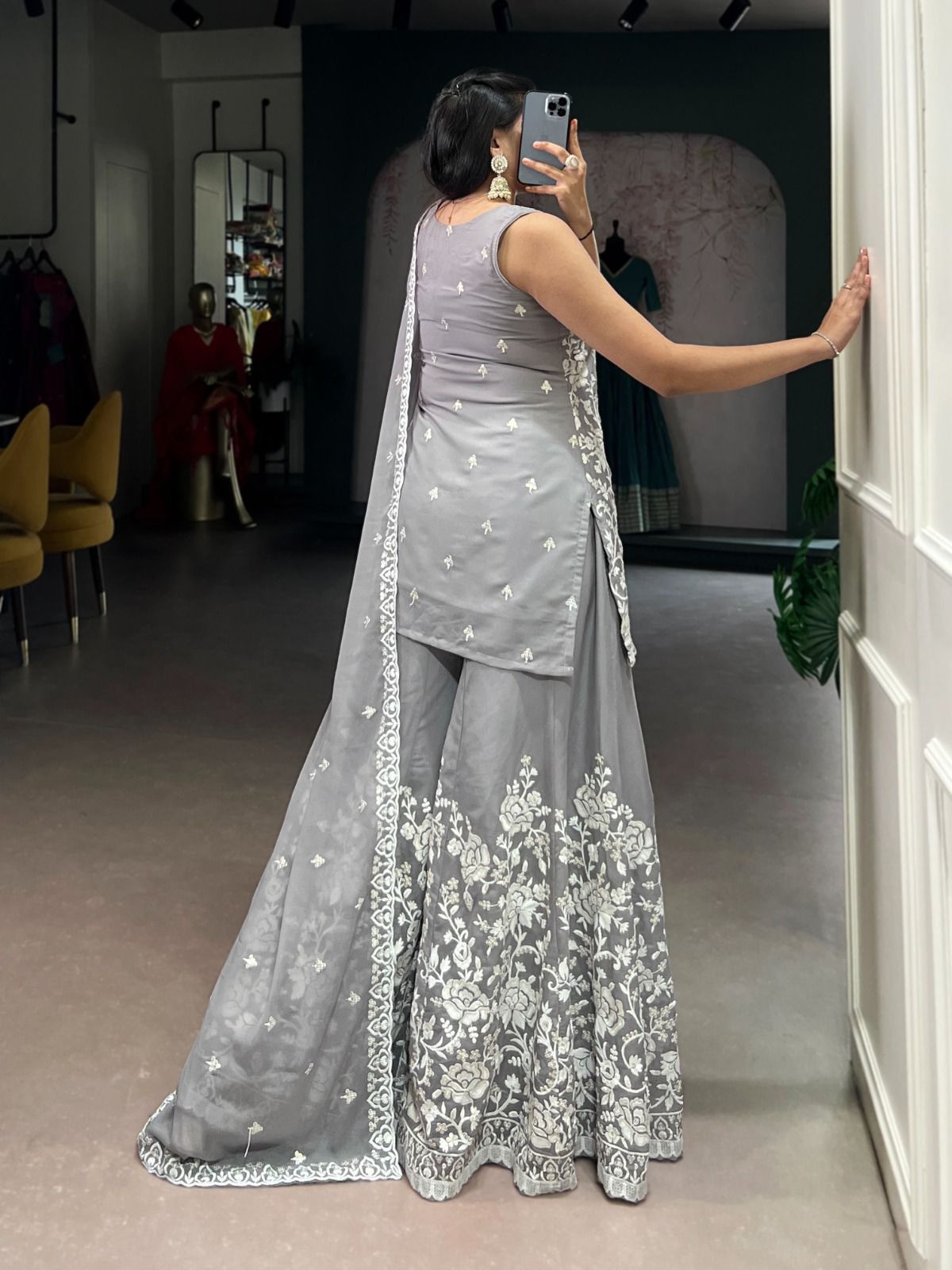 Elegant Grey Floral Embroidered Sharara Suit Set