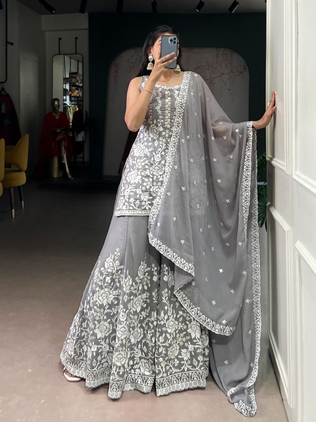 Elegant Grey Floral Embroidered Sharara Suit Set