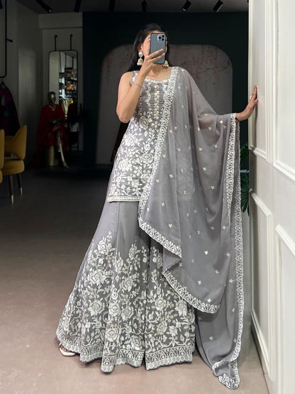 Elegant Grey Floral Embroidered Sharara Suit Set