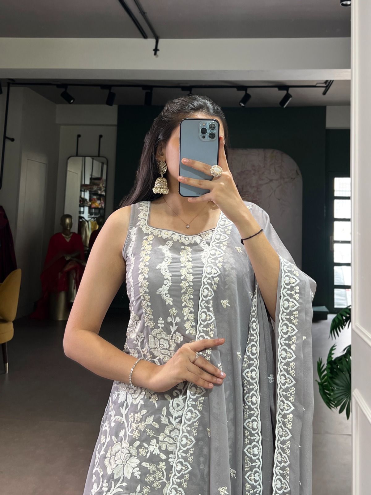 Elegant Grey Floral Embroidered Sharara Suit Set